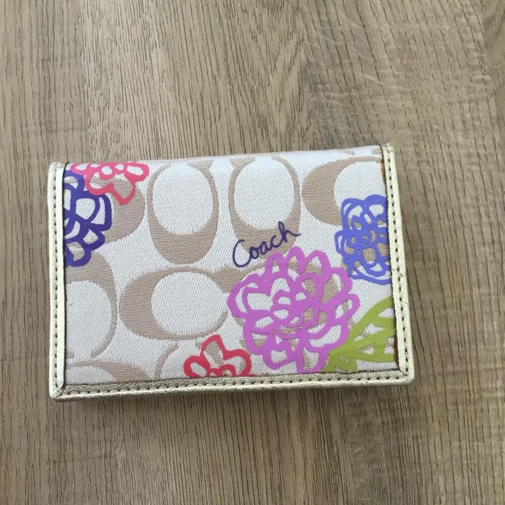 Coach Floral Signature Canvas Card Case in Tan, Pink, Purple, Green